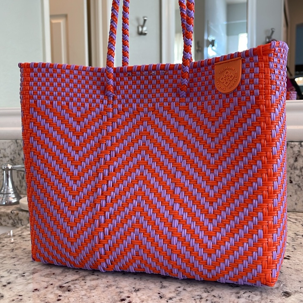 Woven Chevron Crossbody Tote in Purple and Orange